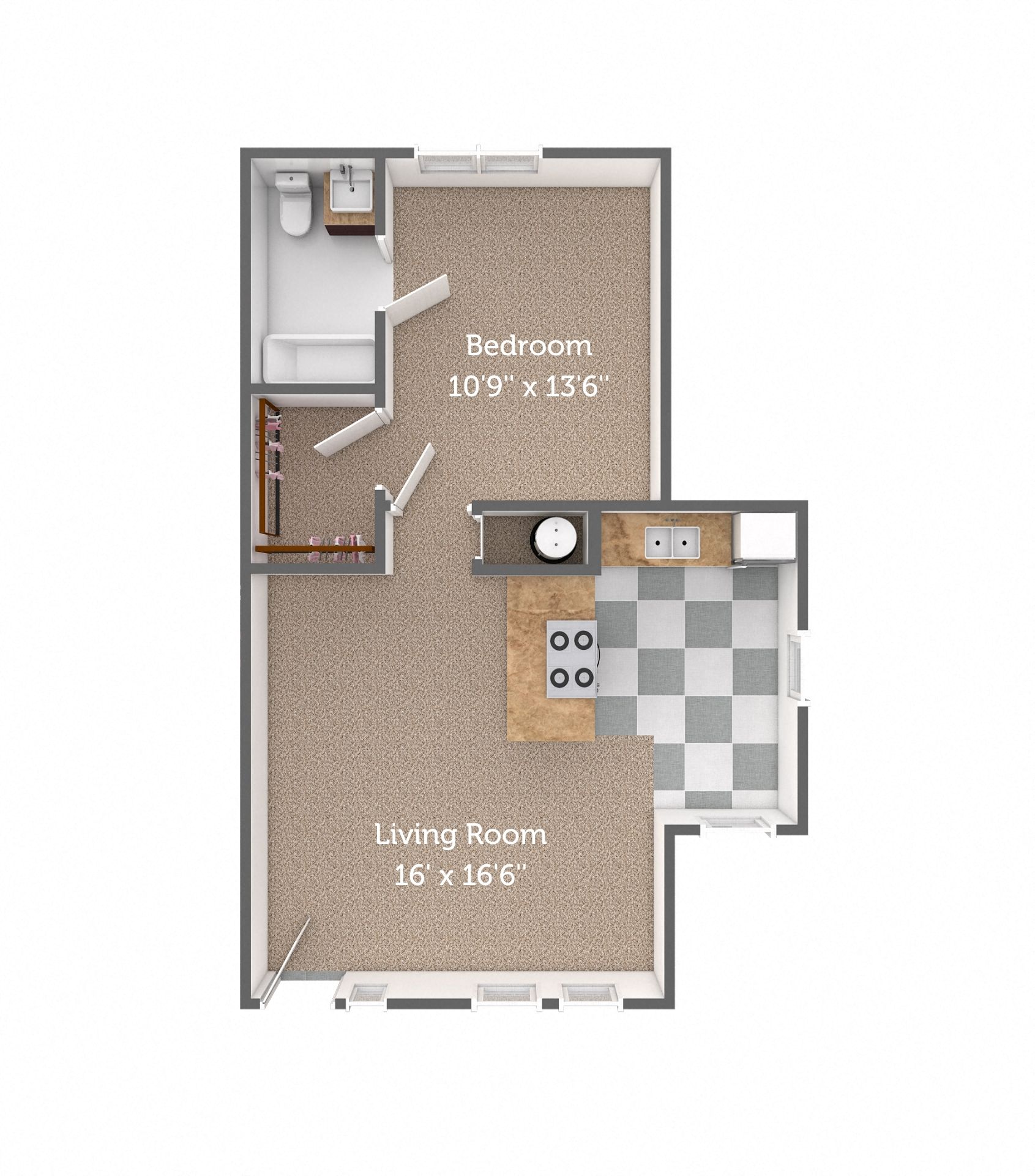 Floor plan for 1 bed, 1 bath, 668 sqft